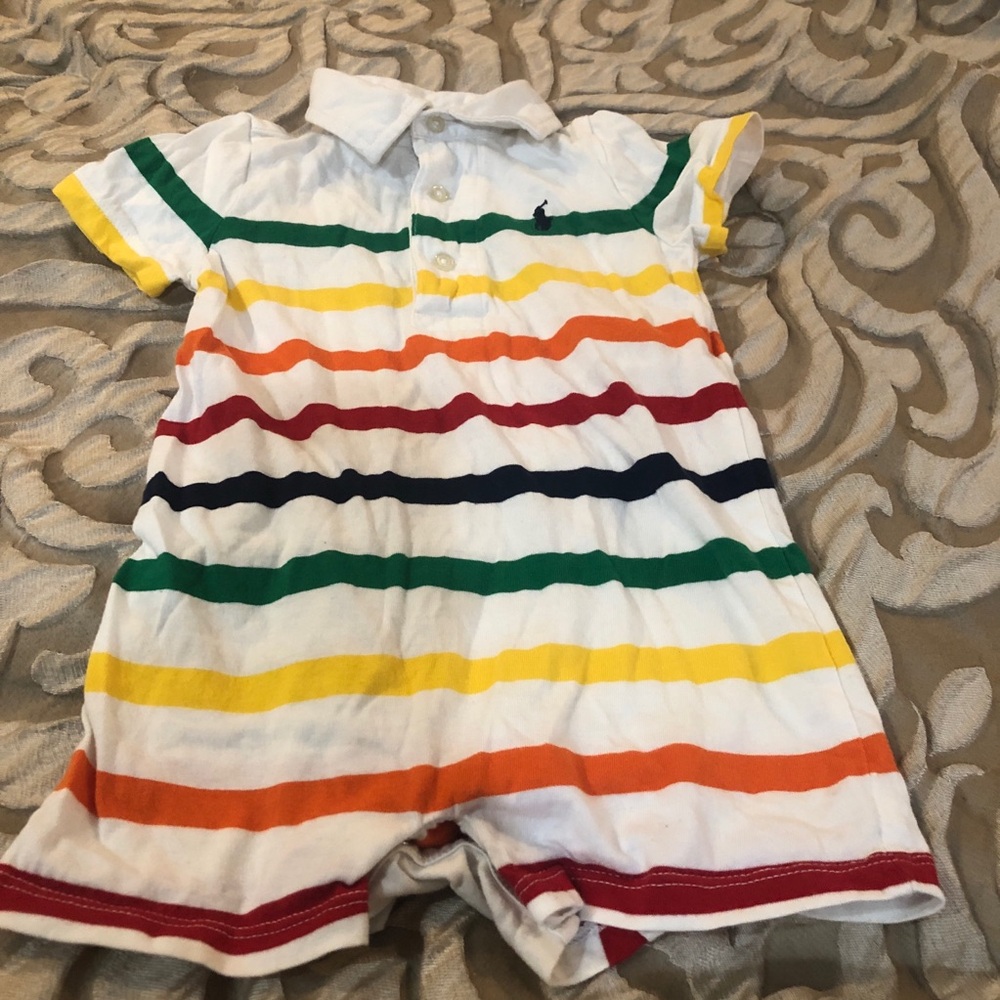 Ralph Lauren White Baby Polo Shortall with Rainbow Stripe Accents